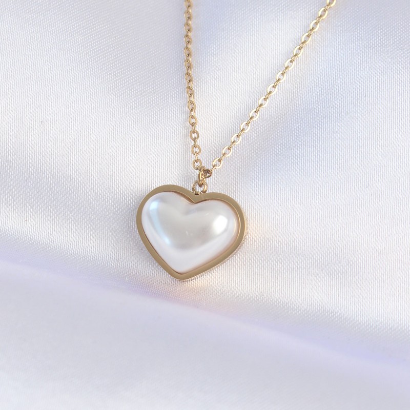 316L Çelik Zincir Gold Renk Beyaz Taşlı Bubble Kalp Kolye