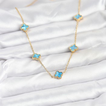 316L Çelik Zincir Gold Renk Buz Mavisi Baby Boy Yonca Kadın Kolye