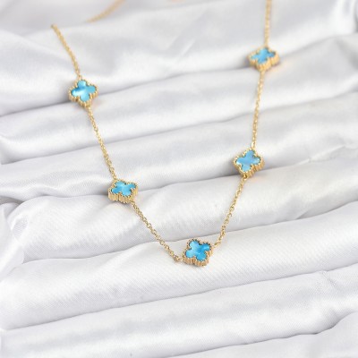 316L Çelik Zincir Gold Renk Buz Mavisi Baby Boy Yonca Kadın Kolye