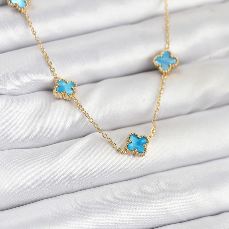 316L Çelik Zincir Gold Renk Buz Mavisi Baby Boy Yonca Kadın Kolye