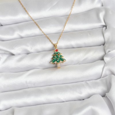 316L Çelik Zincir Gold Renk Çam Ağacı Model Yılbaşı Temalı Kadın Kolye
