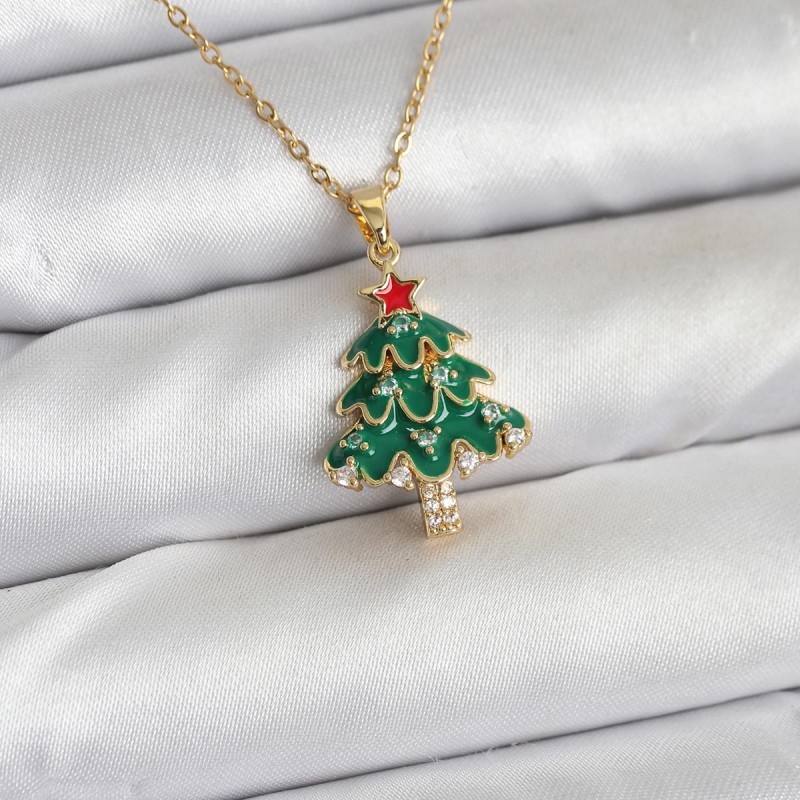 316L Çelik Zincir Gold Renk Çam Ağacı Model Yılbaşı Temalı Kadın Kolye