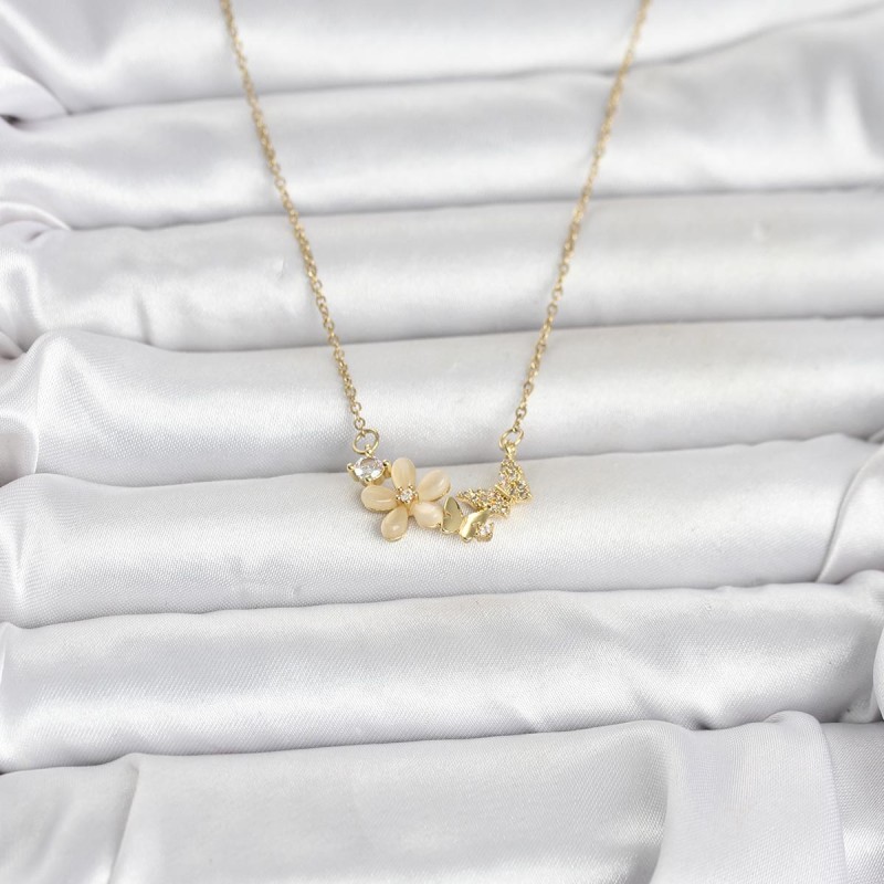 316L Çelik Zincir Gold Renk Çiçek ve Kelebek Model Kadın Kolye