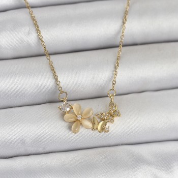 316L Çelik Zincir Gold Renk Çiçek ve Kelebek Model Kadın Kolye