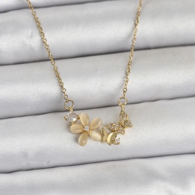 316L Çelik Zincir Gold Renk Çiçek ve Kelebek Model Kadın Kolye