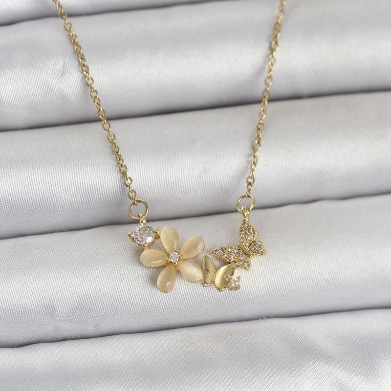 316L Çelik Zincir Gold Renk Çiçek ve Kelebek Model Kadın Kolye