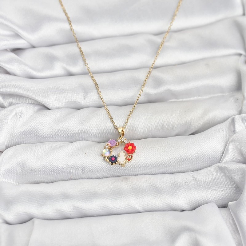 316L Çelik Zincir Gold Renk Çiçekli Kedili Model Kadın Kolye