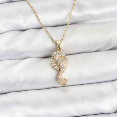 316L Çelik Zincir Gold Renk Deniz Atı Model Zirkon Taşlı Kadın Kolye