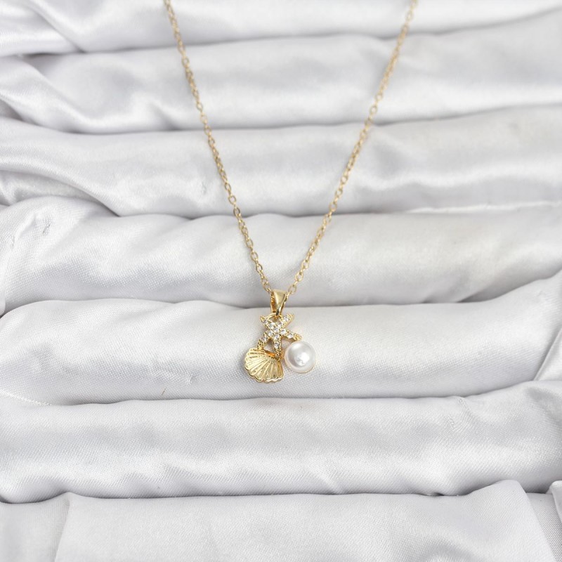 316L Çelik Zincir Gold Renk Deniz Kabuğu ve Deniz Yıldızı Model Zirkon Taşlı Kadın Kolye