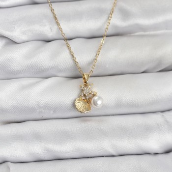 316L Çelik Zincir Gold Renk Deniz Kabuğu ve Deniz Yıldızı Model Zirkon Taşlı Kadın Kolye