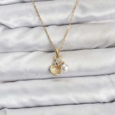 316L Çelik Zincir Gold Renk Deniz Kabuğu ve Deniz Yıldızı Model Zirkon Taşlı Kadın Kolye