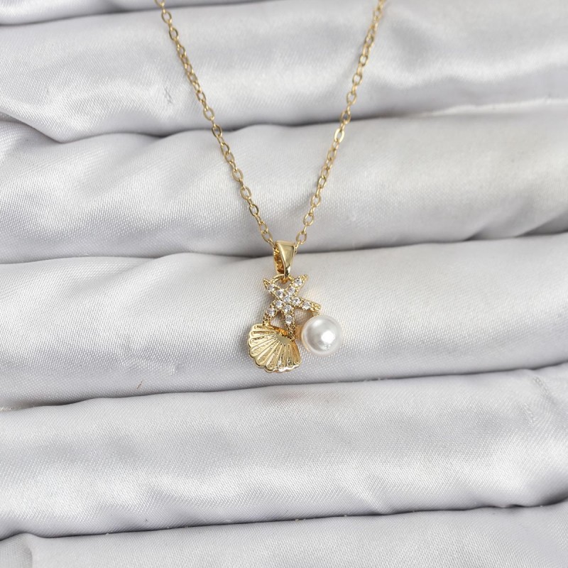 316L Çelik Zincir Gold Renk Deniz Kabuğu ve Deniz Yıldızı Model Zirkon Taşlı Kadın Kolye