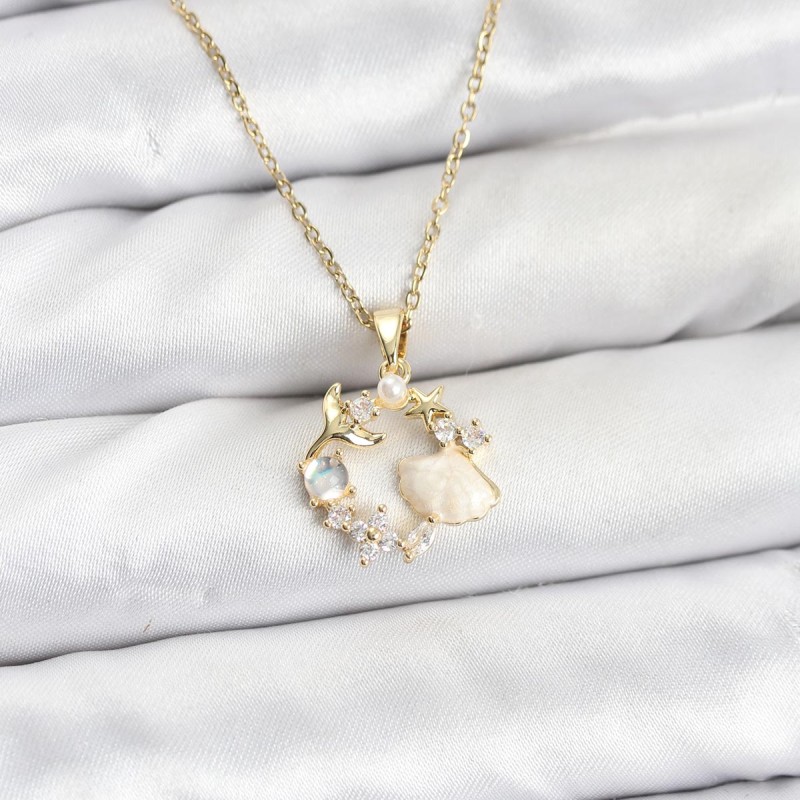 316L Çelik Zincir Gold Renk Deniz Tema Model Zirkon Taşlı Kadın Kolye