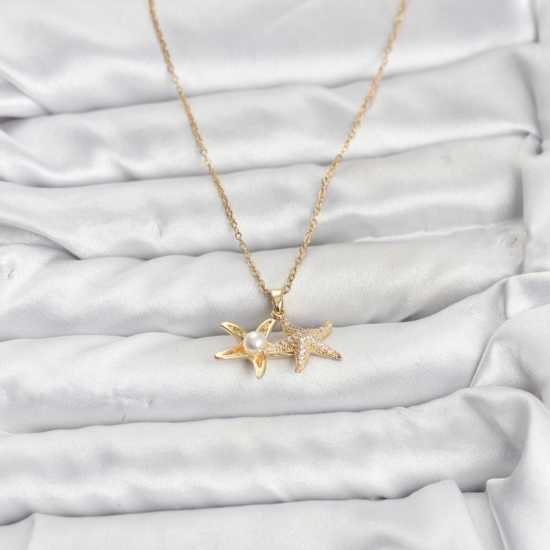 316L Çelik Zincir Gold Renk Deniz Yıldızı Model Zirkon Taşlı Kadın Kolye