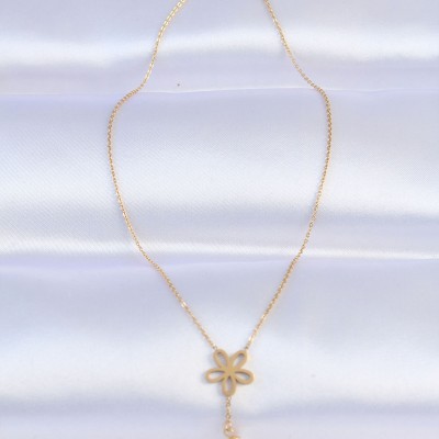 316L Çelik Zincir Gold Renk İnci Detay Çiçek Kolye