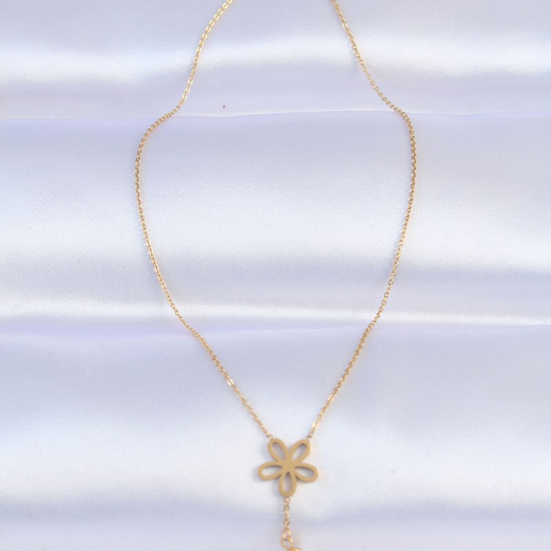 316L Çelik Zincir Gold Renk İnci Detay Çiçek Kolye