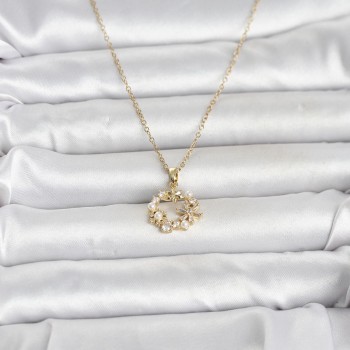 316L Çelik Zincir Gold Renk İncili Çiçek Model Kadın Koyle