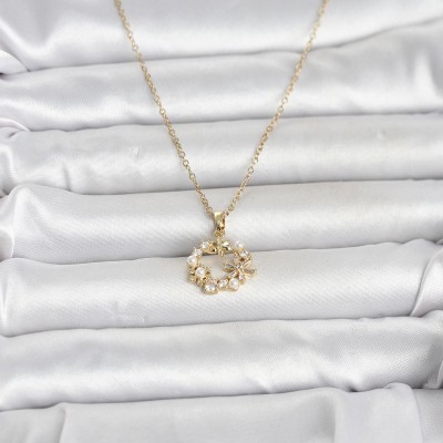 316L Çelik Zincir Gold Renk İncili Çiçek Model Kadın Koyle