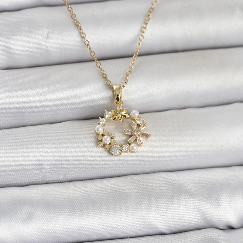 316L Çelik Zincir Gold Renk İncili Çiçek Model Kadın Koyle