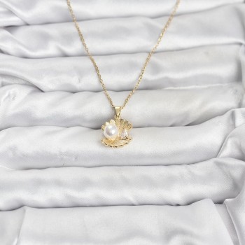 316L Çelik Zincir Gold Renk İstiridye İnci Model Zirkon Taşlı Kadın Kolye