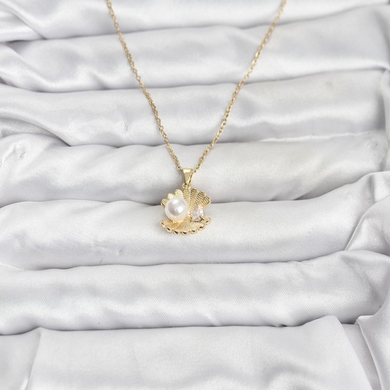 316L Çelik Zincir Gold Renk İstiridye İnci Model Zirkon Taşlı Kadın Kolye