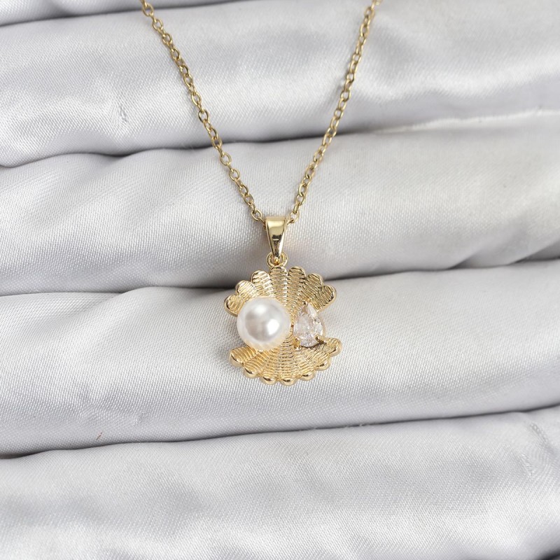 316L Çelik Zincir Gold Renk İstiridye İnci Model Zirkon Taşlı Kadın Kolye