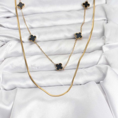 316L Çelik Zincir Gold Renk İtalyan Zincirli Siyah Yonca Model Kadın Kolye