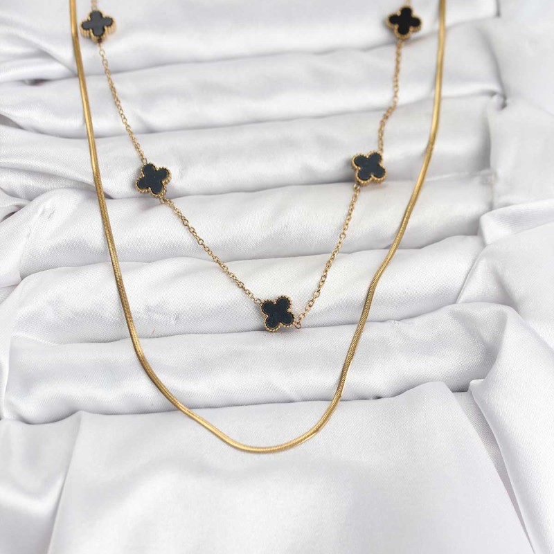316L Çelik Zincir Gold Renk İtalyan Zincirli Siyah Yonca Model Kadın Kolye