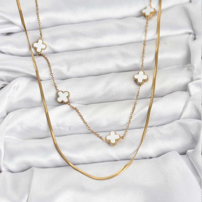 316L Çelik Zincir Gold Renk İtalyan Zincirli Yonca Model Kadın Kolye