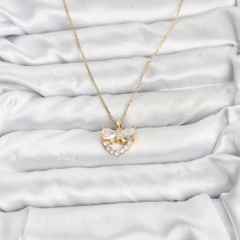 316L Çelik Zincir Gold Renk Kalp ve Fiyonk Model Zirkon Taşlı Kadın Kolye