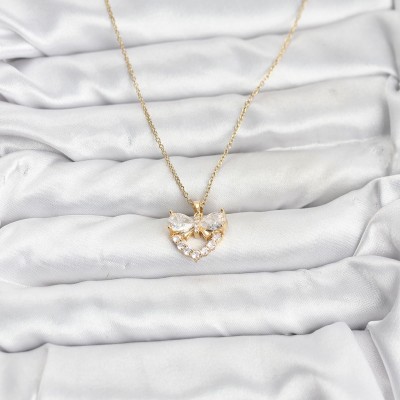 316L Çelik Zincir Gold Renk Kalp ve Fiyonk Model Zirkon Taşlı Kadın Kolye