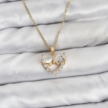 316L Çelik Zincir Gold Renk Kalp ve Fiyonk Model Zirkon Taşlı Kadın Kolye