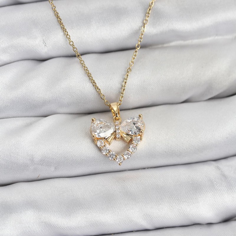 316L Çelik Zincir Gold Renk Kalp ve Fiyonk Model Zirkon Taşlı Kadın Kolye