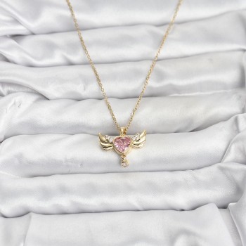 316L Çelik Zincir Gold Renk Kanatlı Kalp Model Zirkon Taşlı Kadın Kolye