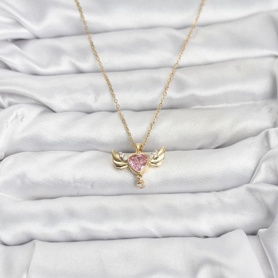 316L Çelik Zincir Gold Renk Kanatlı Kalp Model Zirkon Taşlı Kadın Kolye