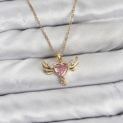 316L Çelik Zincir Gold Renk Kanatlı Kalp Model Zirkon Taşlı Kadın Kolye