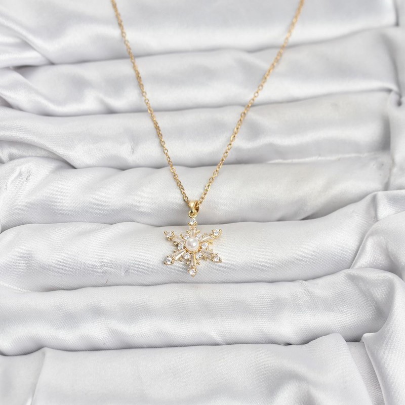 316L Çelik Zincir Gold Renk Kar Tanesi Model Zirkon Taşlı Kadın Kolye