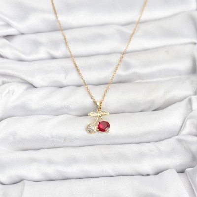 316L Çelik Zincir Gold Renk Kiraz Model Zirkon Taşlı Kadın Kolye