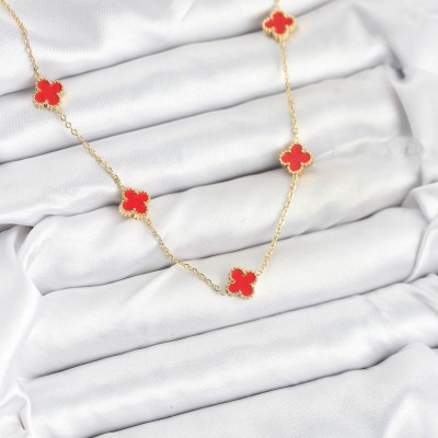 316L Çelik Zincir Gold Renk Kırmızı Baby Boy Yonca Kadın Kolye