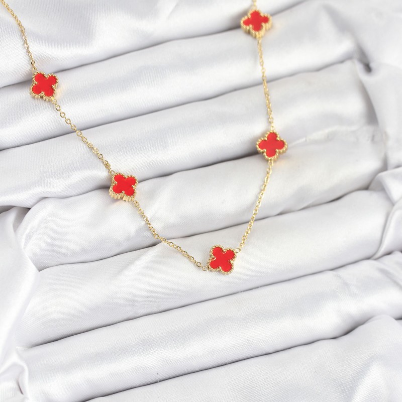 316L Çelik Zincir Gold Renk Kırmızı Baby Boy Yonca Kadın Kolye