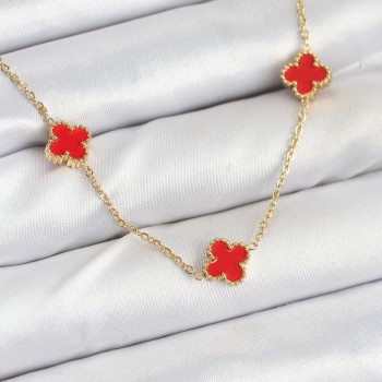 316L Çelik Zincir Gold Renk Kırmızı Baby Boy Yonca Kadın Kolye