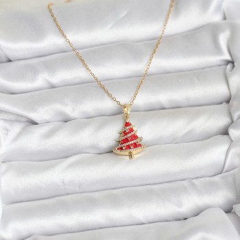 316L Çelik Zincir Gold Renk Kırmızı Çam Ağacı Model Yılbaşı Temalı Kadın Kolye