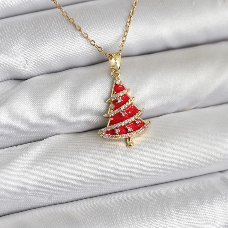 316L Çelik Zincir Gold Renk Kırmızı Çam Ağacı Model Yılbaşı Temalı Kadın Kolye