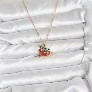 316L Çelik Zincir Gold Renk Kızak ve Çam Ağacı Figürlü Yılbaşı Temalı Kadın Kolye