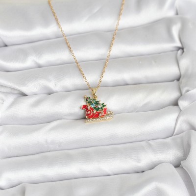 316L Çelik Zincir Gold Renk Kızak ve Çam Ağacı Figürlü Yılbaşı Temalı Kadın Kolye