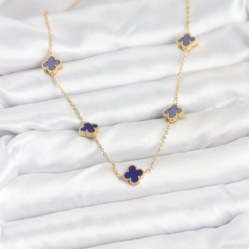 316L Çelik Zincir Gold Renk Lacivert Baby Boy Yonca Kadın Kolye