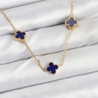 316L Çelik Zincir Gold Renk Lacivert Baby Boy Yonca Kadın Kolye