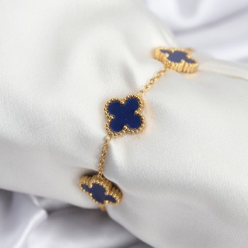 316L Çelik Zincir Gold Renk Lacivert Yonca Kadın Bileklik