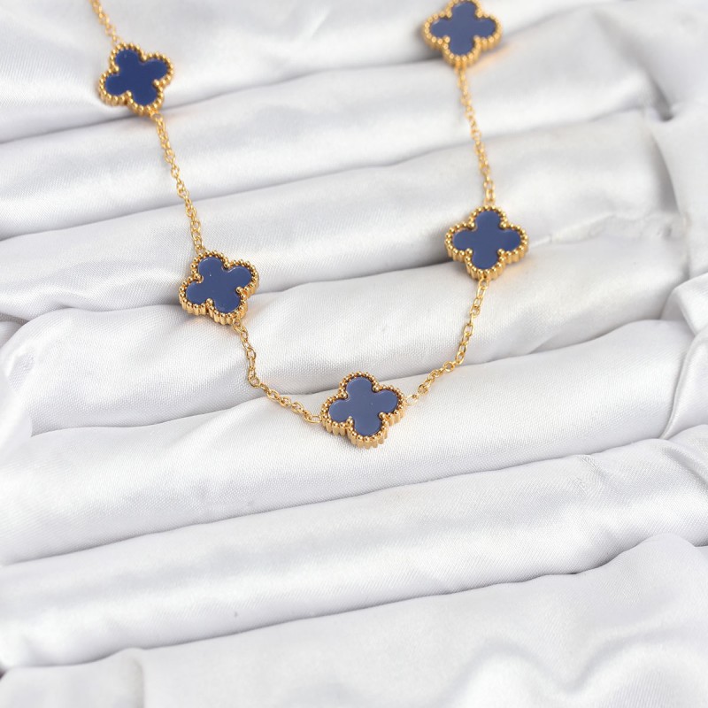 316L Çelik Zincir Gold Renk Lacivert Yonca Kadın Kolye