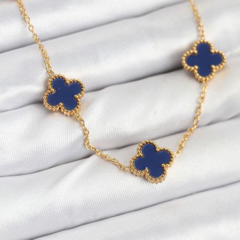 316L Çelik Zincir Gold Renk Lacivert Yonca Kadın Kolye